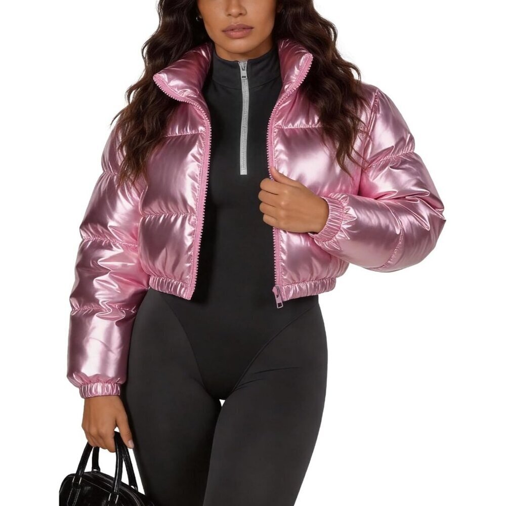Women's Pink Polyester Metallic Shinny Cropped Zip Up Quilted Puffer Jacket